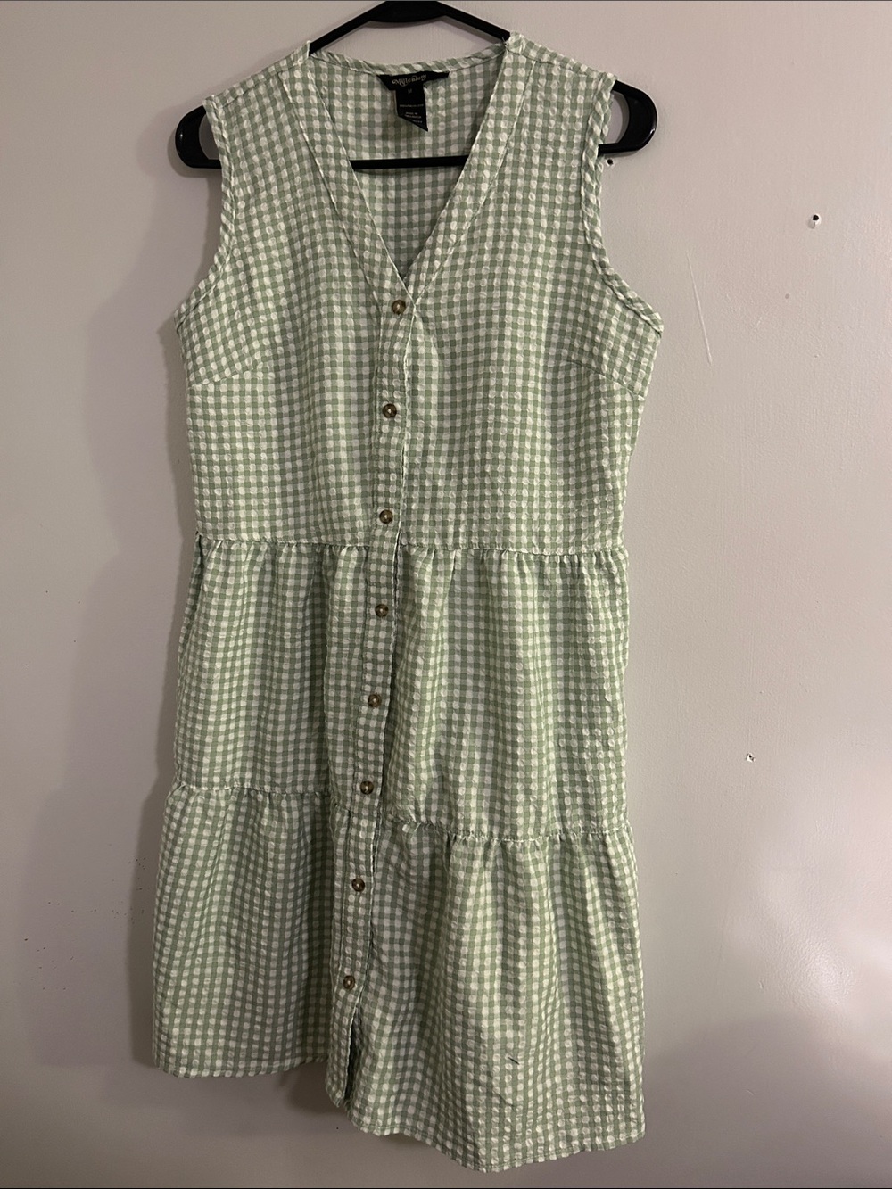 Sleeveless Mint Gingham Button-Front Casual Dress